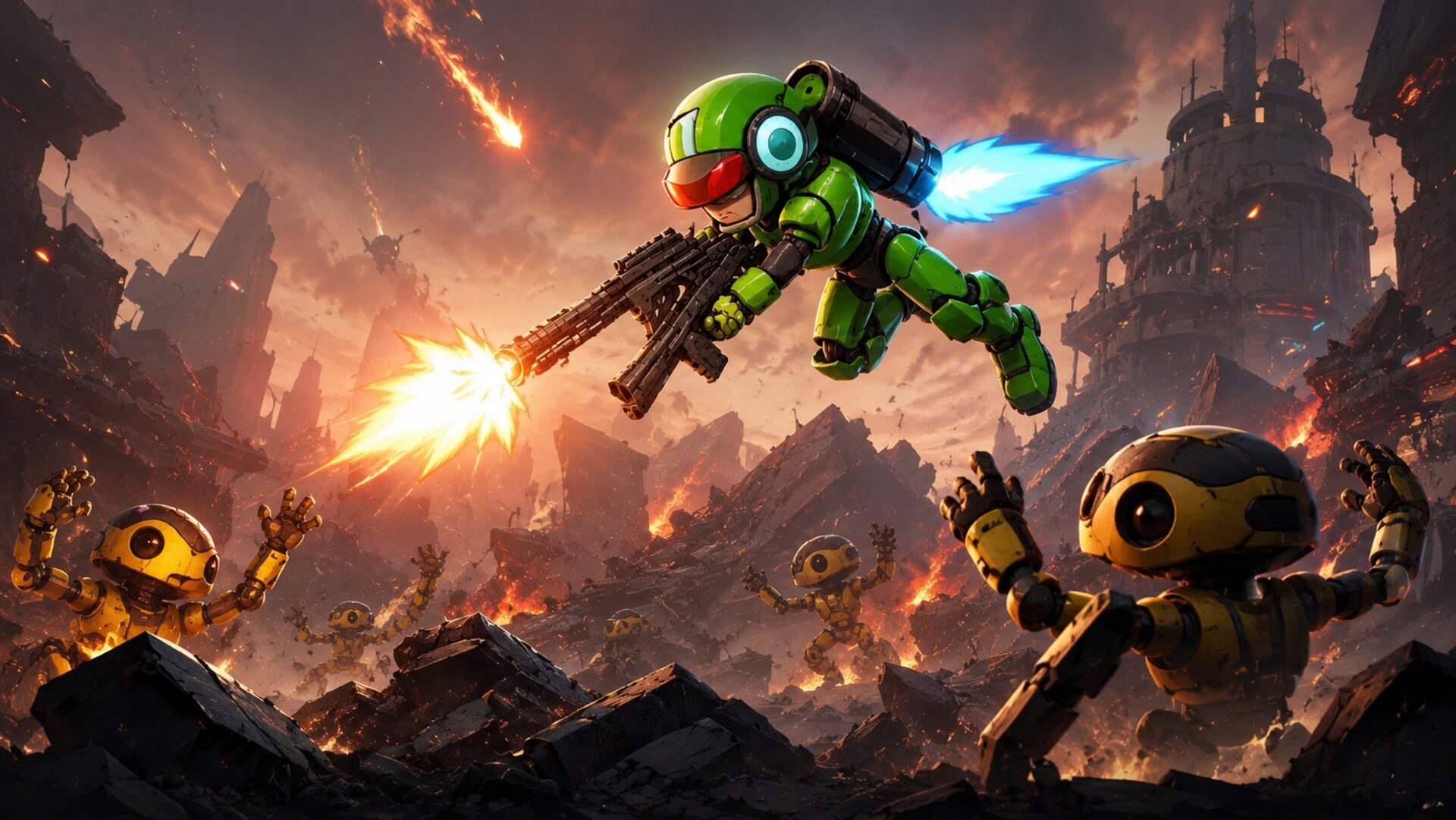 A green bio-mechanical nano-bot knight blasts swarming enemy bots across a burning ruined battlefield in 3024