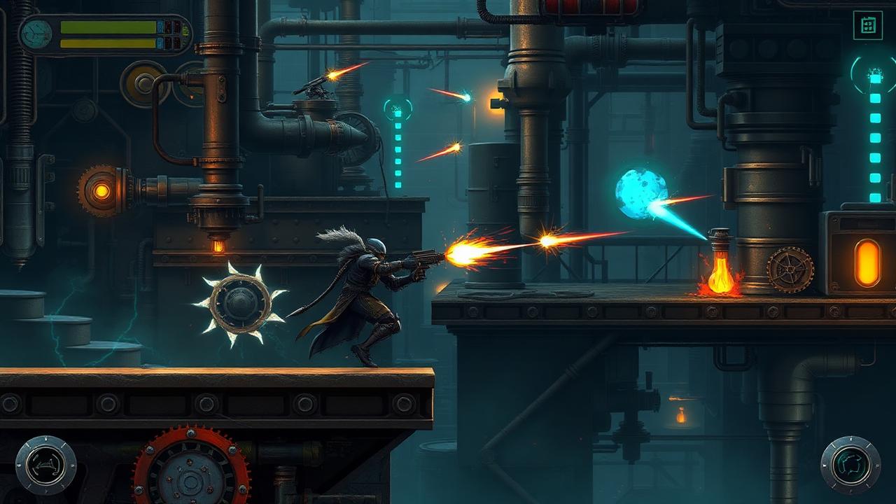Gameplay: a nano-bot knight fires across an industrial platforming level