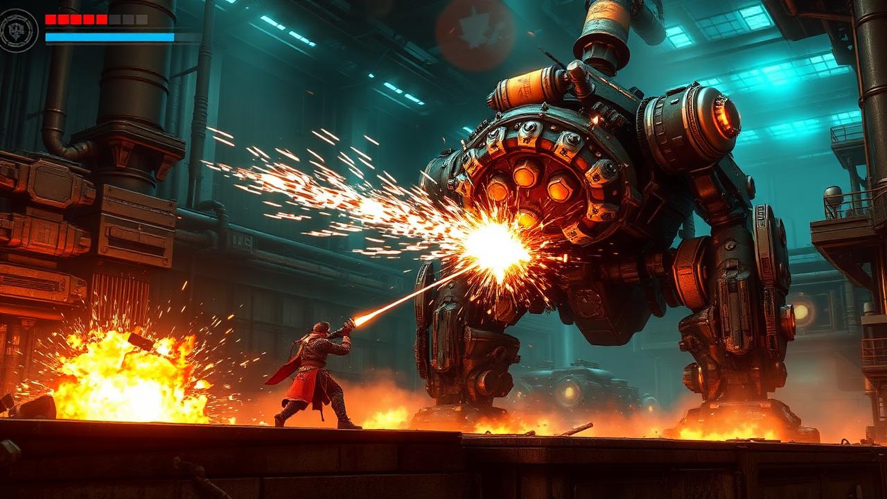 Gameplay: battling a giant Interstellar R&D Corporation boss machine